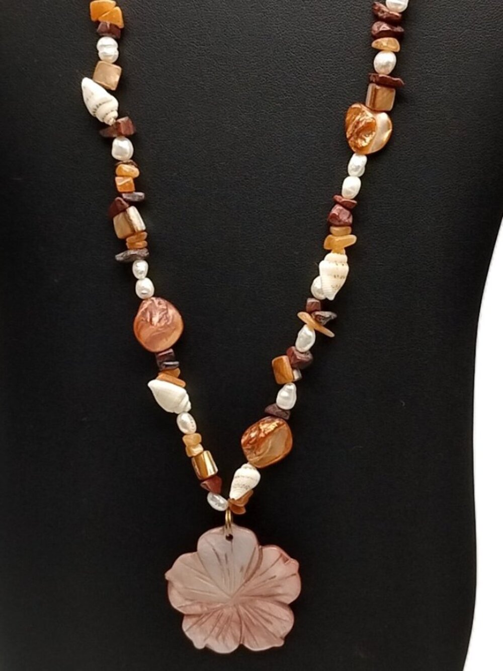 Carved Mother of Pearl Flower Pendant & Shell Beaded Necklace Handmade